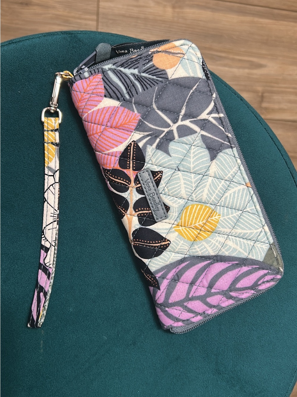 Vera Bradley Quilted Leaf Wristlet in Gray, Pink, Yellow, Blue